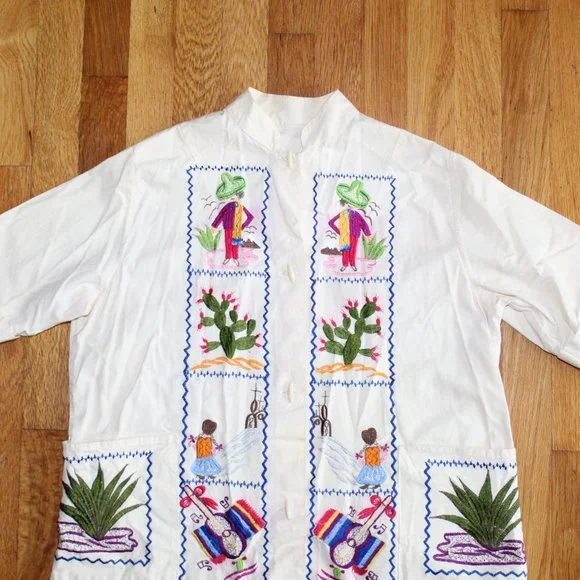 Vintage Handmade Mexican Embroidered Button Up Tunic Shirt Unisex S/M